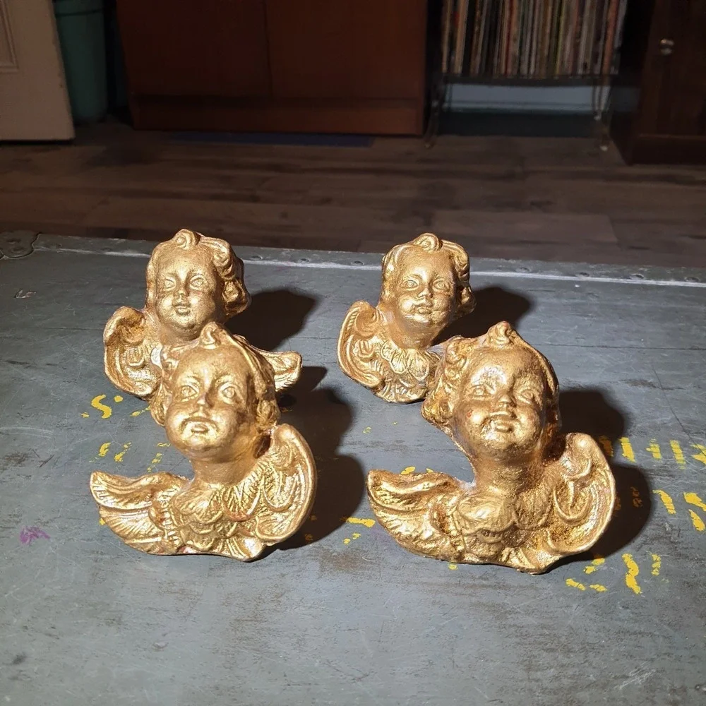 Vintage Handcarved Italian Putti Cherub Faces Set Of 4 Gold Color Knobs Tie Back